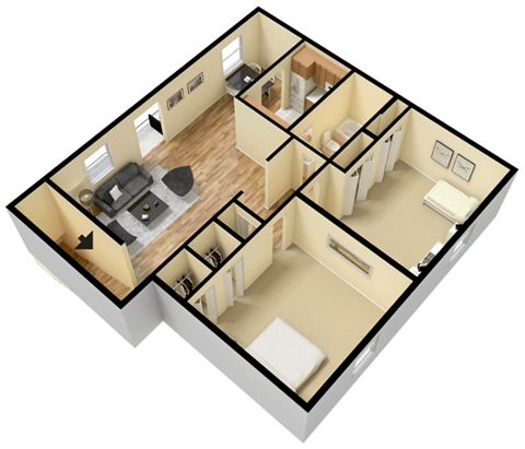 Floor plan for 2 beds, 1 bath, 826 sqft